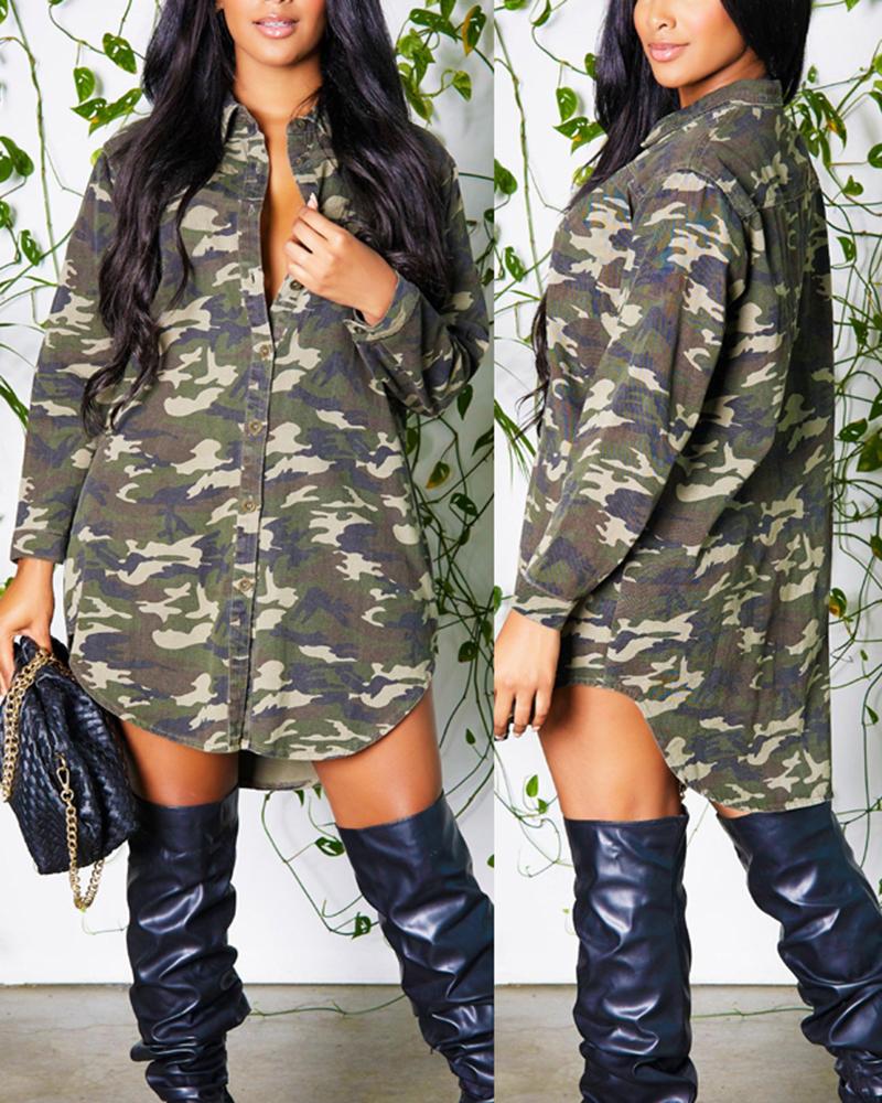 

Camouflage Print Buttoned Shirt Dress, Camoflage