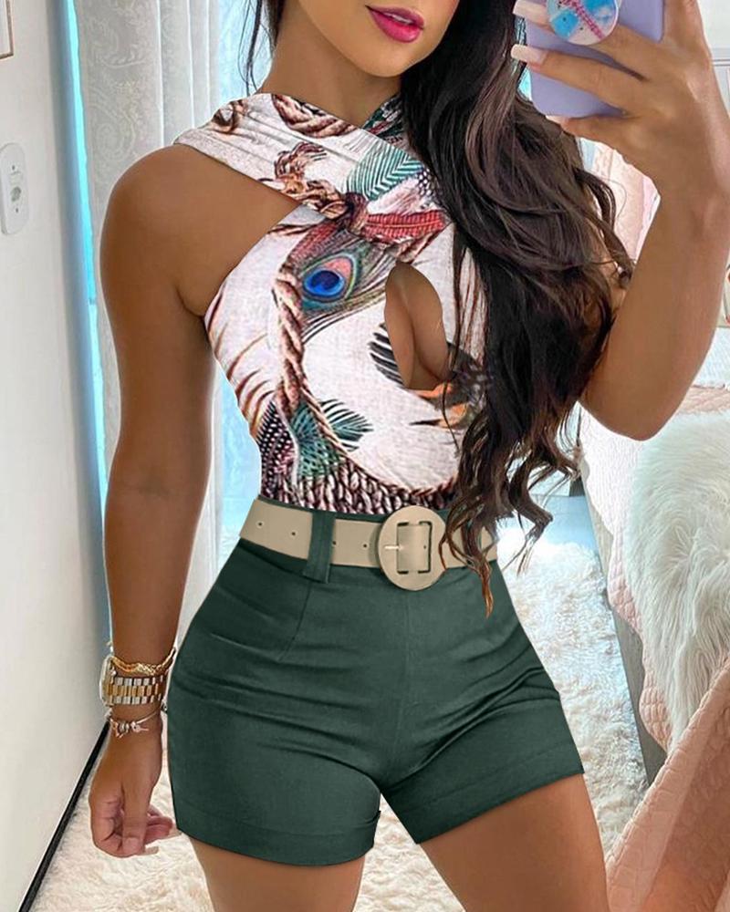 

Tropical Print Halter Cutout Skinny Top & Shorts Set, Green