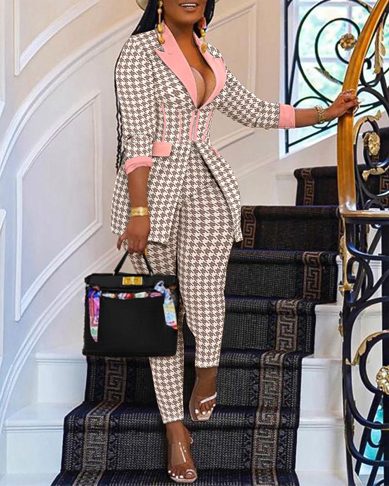 

Houndstooth Print Zip Corset Patch Blazer & Pants Set, Pink