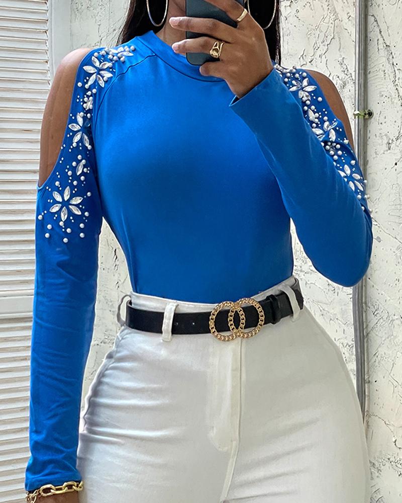 

Cold Shoulder Rhinestone Decor Long Sleeve Top, Blue