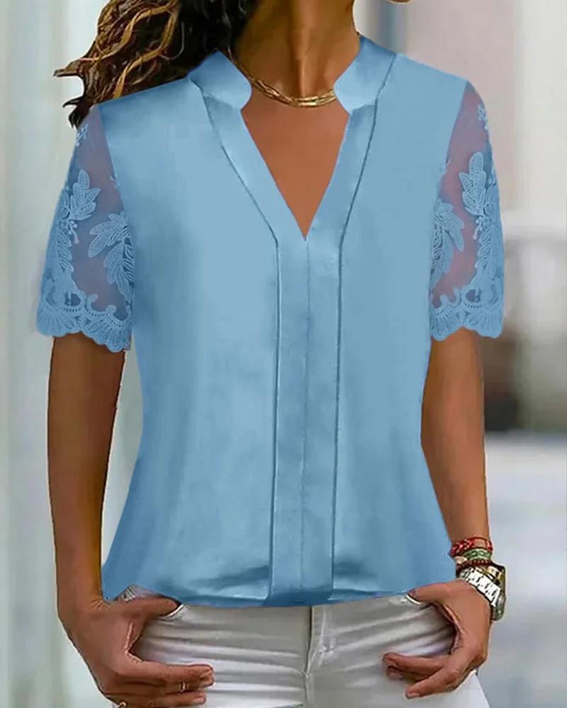 

Lace Patch Notch Neck Top, Blue