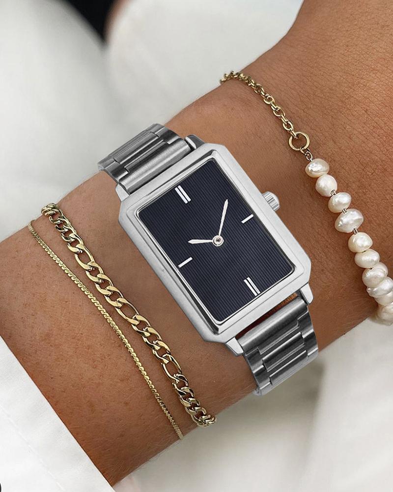 

Stainless Steel Strap Quartz Square Small Slim Watch & Bracelet Set, Silver