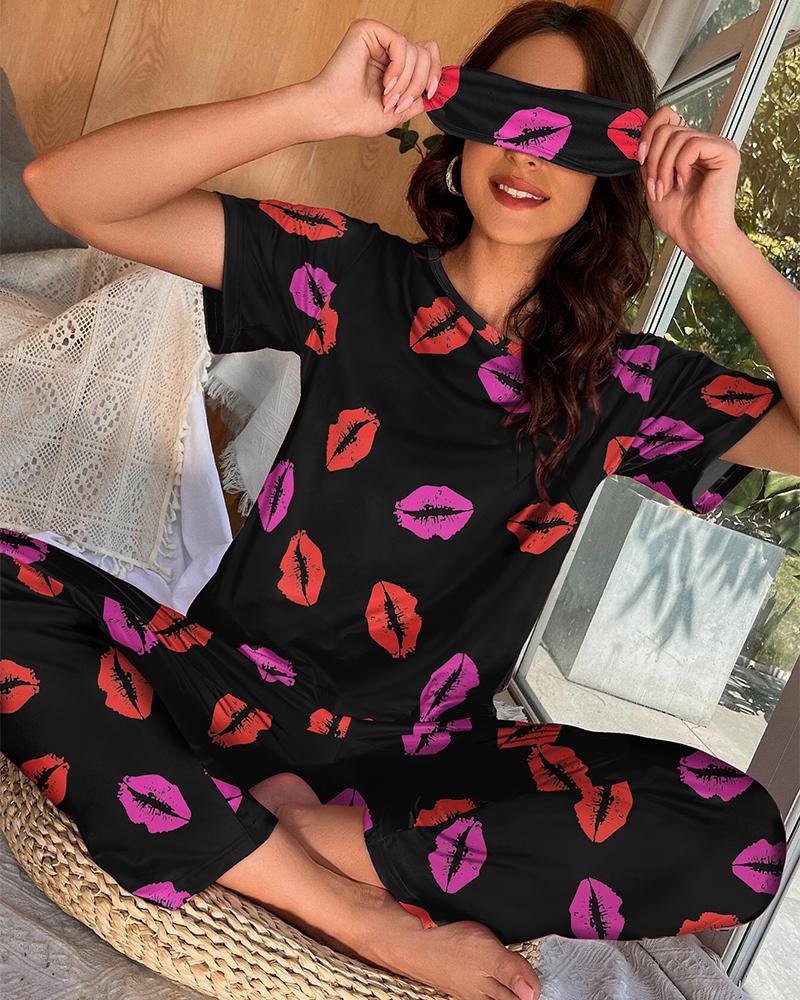 

Lip Print Round Neck Pajamas Set, Black