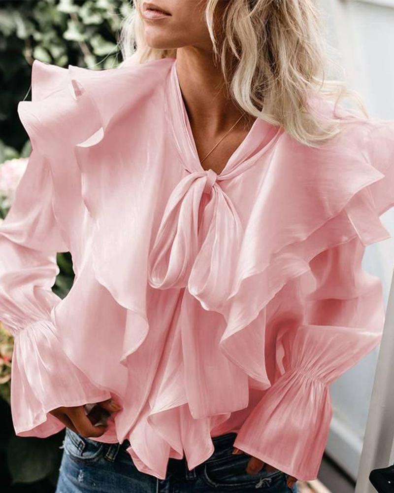 

Ruffle Hem Tied Detail Bell Sleeve Blouse, Pink