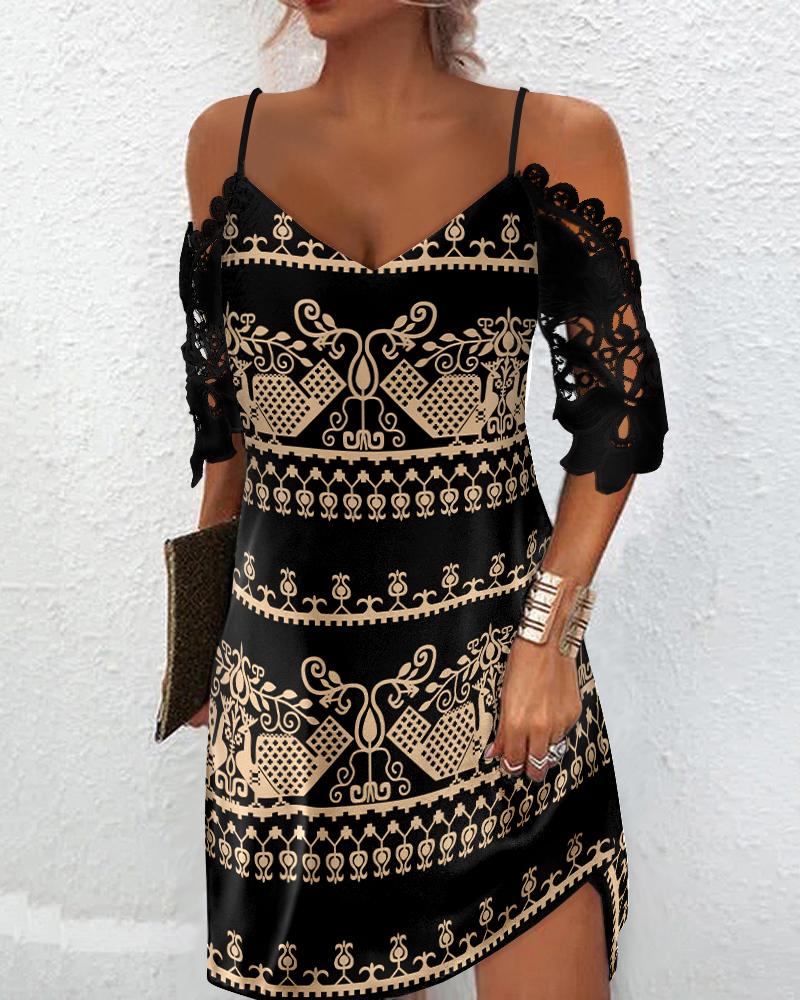 

Tribal Print Contrast Lace Cold Shoulder Casual Dress, Black