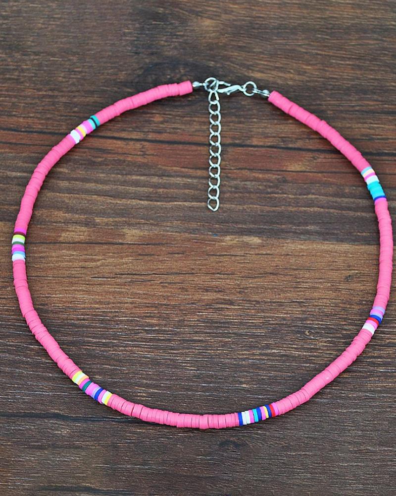 

Colorful Beaded Clay Choker Necklace, Pink