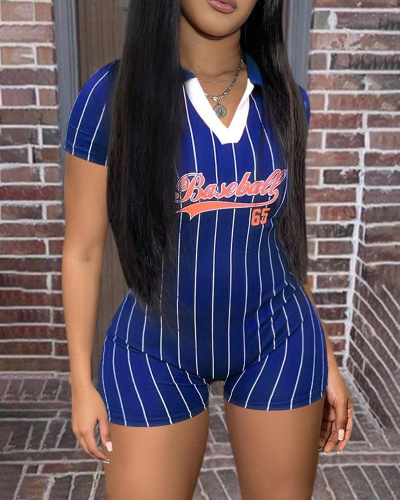 

Striped Letter Baseball Print Casual Romper, Blue