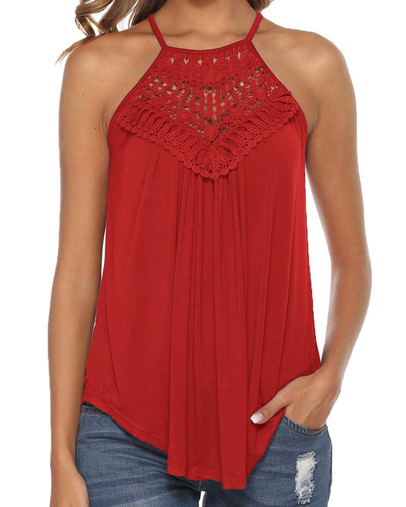 

Spaghetti Strap Halter Lace Flowy Tank Tops, Red