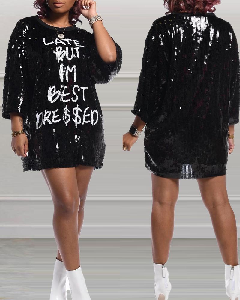 

Letter Pattern Allover Sequin Dress, Black