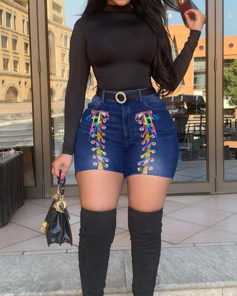

Colorful Strap Eyelet Lace-up Denim Shorts, Dark blue