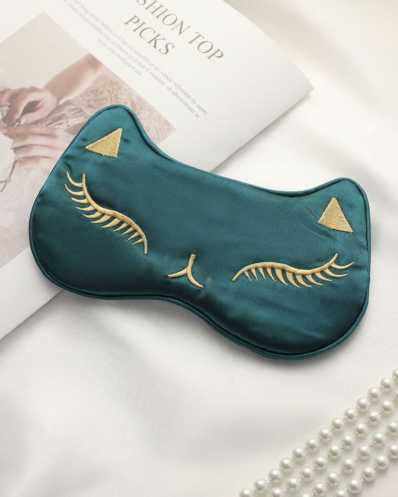 

Cat Embroidery Silk Sleep Mask Eye Sleep Shade Cover, Green