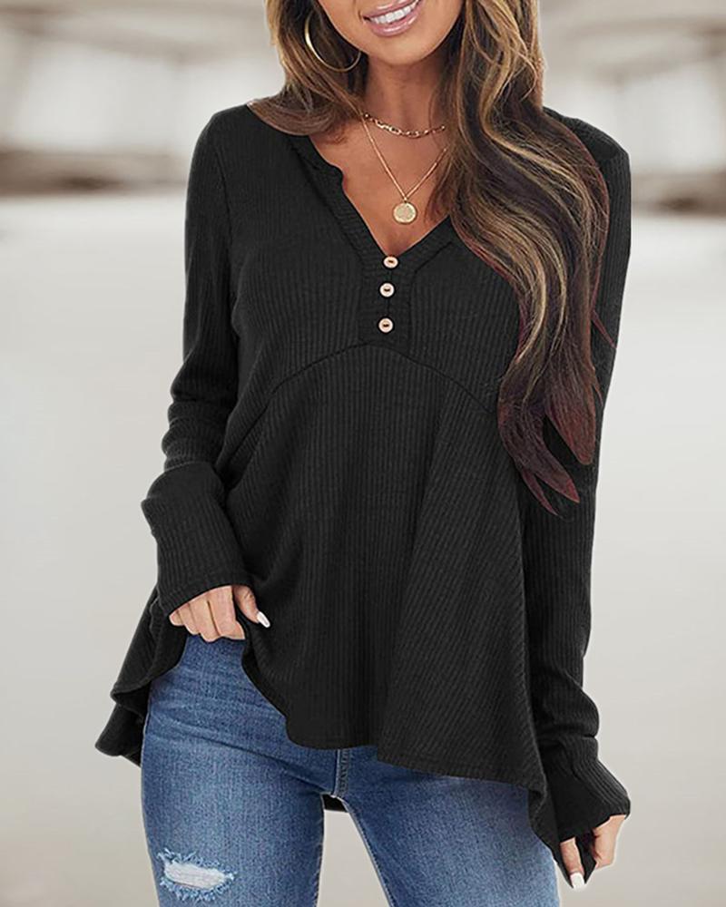 

Long Sleeve V-Cut Button Design Top, Black