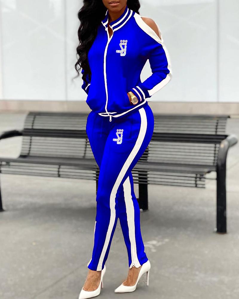 

Cold Shoulder Side Stripe Women Top & Pant Sets, Blue