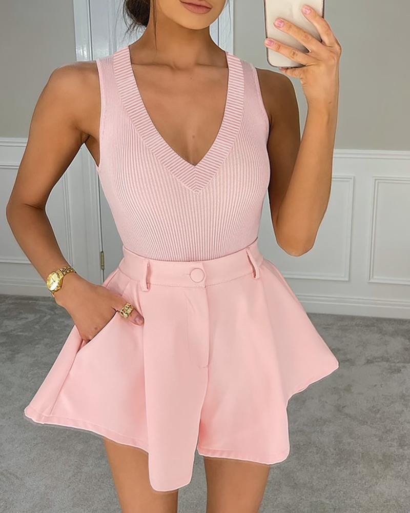 

V Neck Plain Sleeveless Skinny Tank, Pink