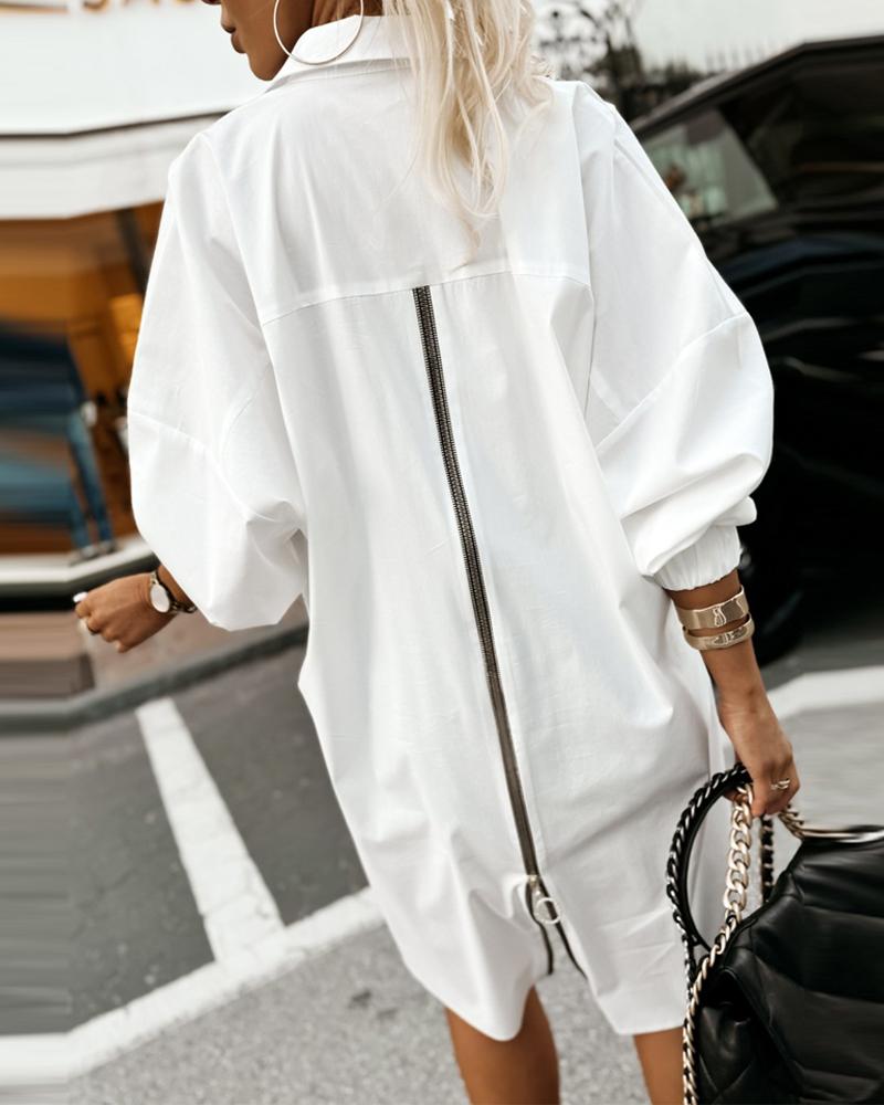 

Button Down Dip Hem Shirts Long Sleeve Blouse Back Zip Up Oversized Top, White