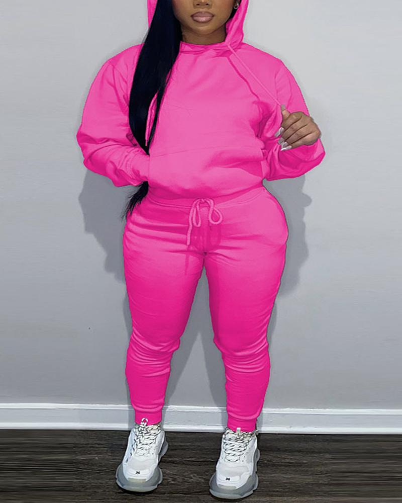 

Plus Size Long Sleeve Drawstring Hoodie & Pants Set, Hot pink