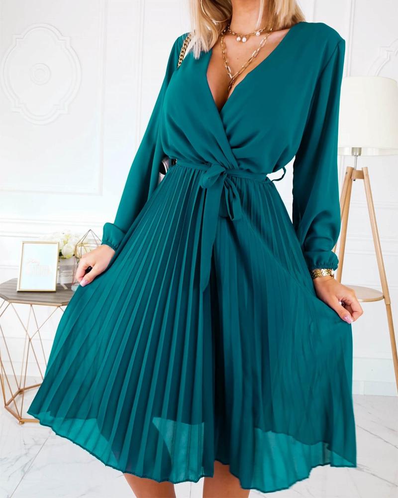 

Long Sleeve Pleated Wrap Dress, Green