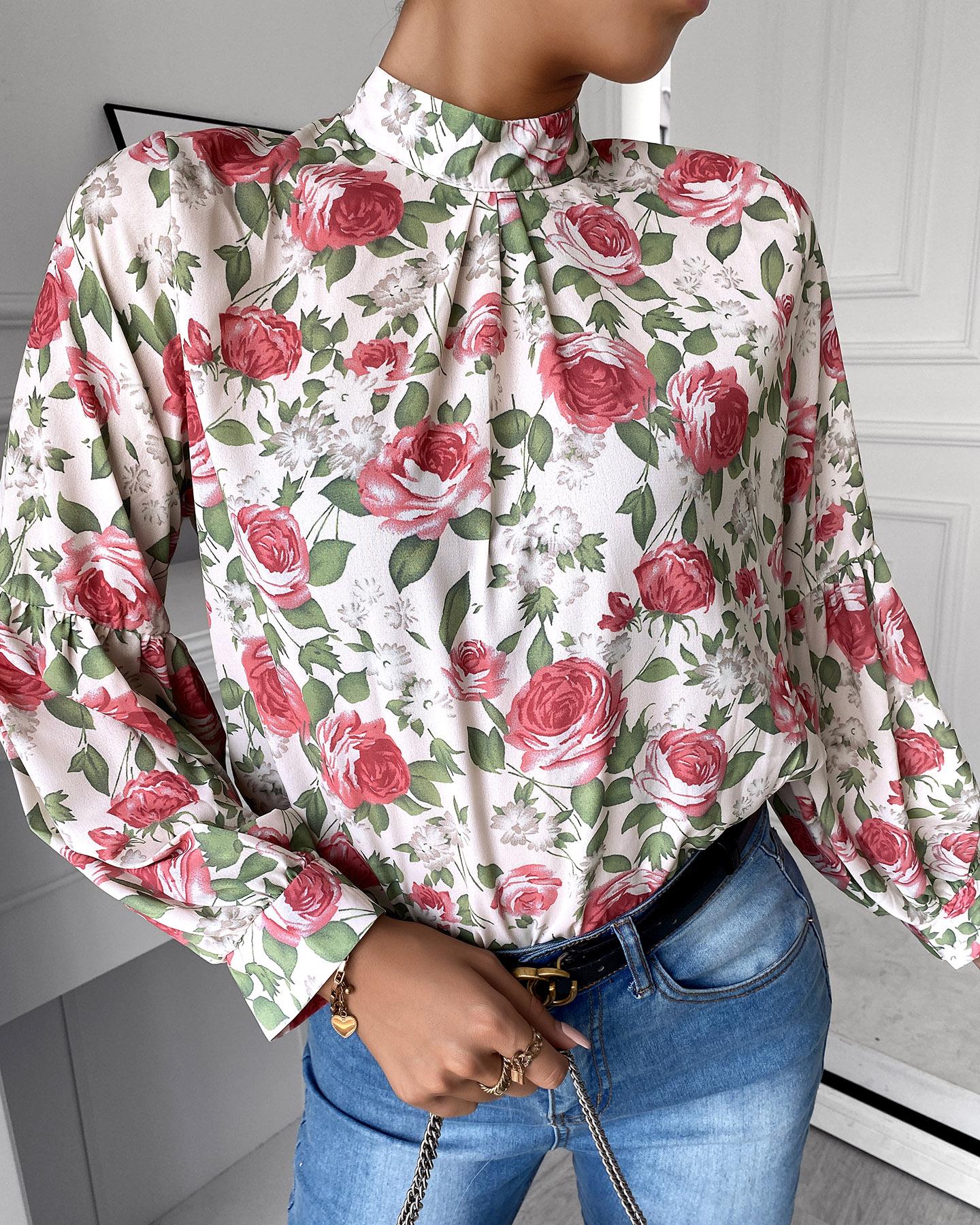 

Floral Print Long Sleeve Mock Neck Blouse, Red