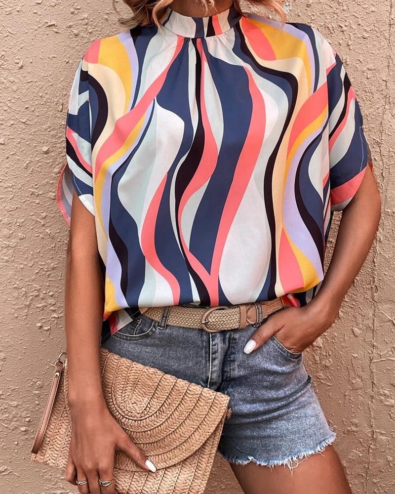 

Abstract Print Mock Neck Half Sleeve Top, Multicolor