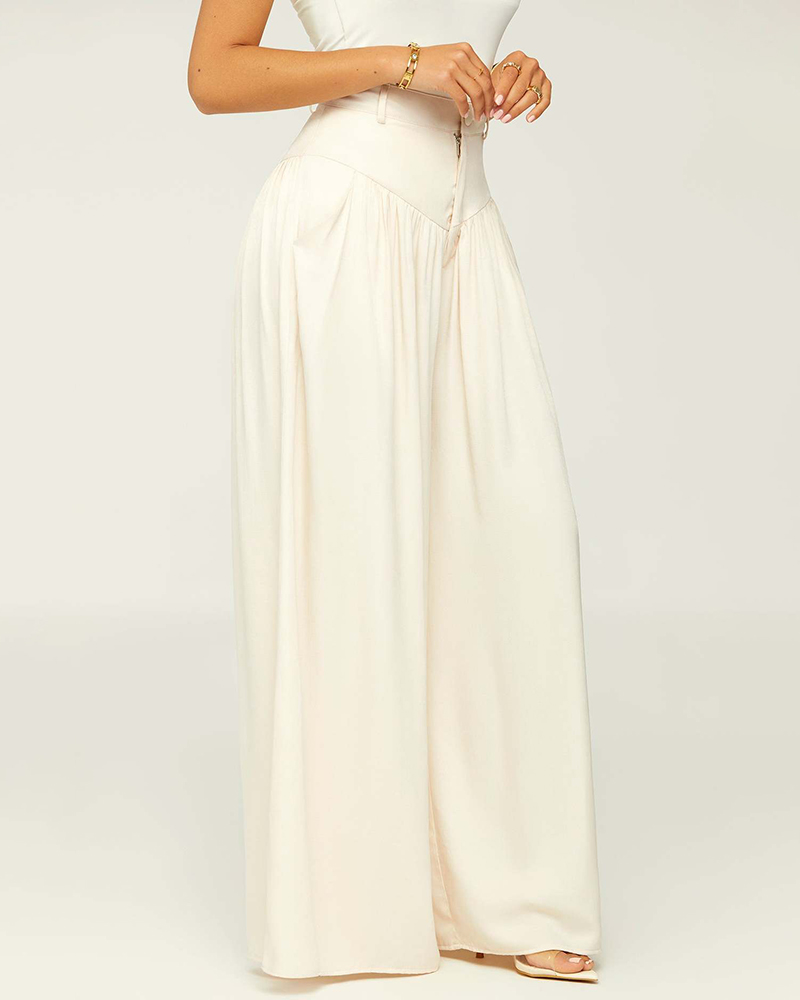 

Singel Button Ruched Wide Leg Pants, White