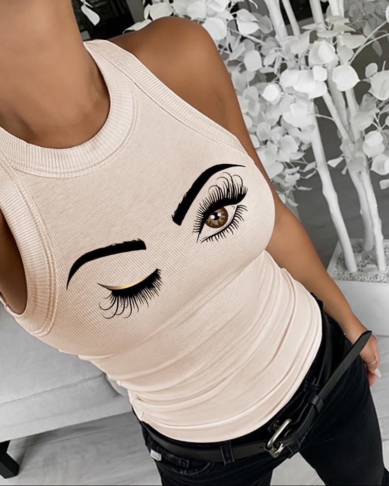 

Eyelash Print Casual Tank Top, Apricot