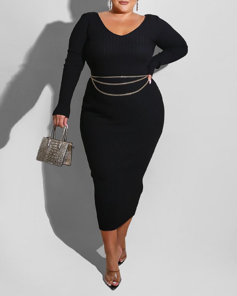 

Plus Size Ribbed Long Sleeve Bodycon Dress, Black