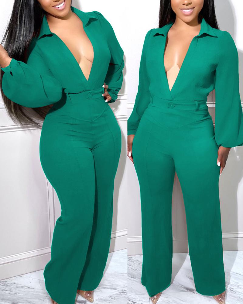 

Lantern Sleeve Plunge Wide Leg Jumpsuit, Green