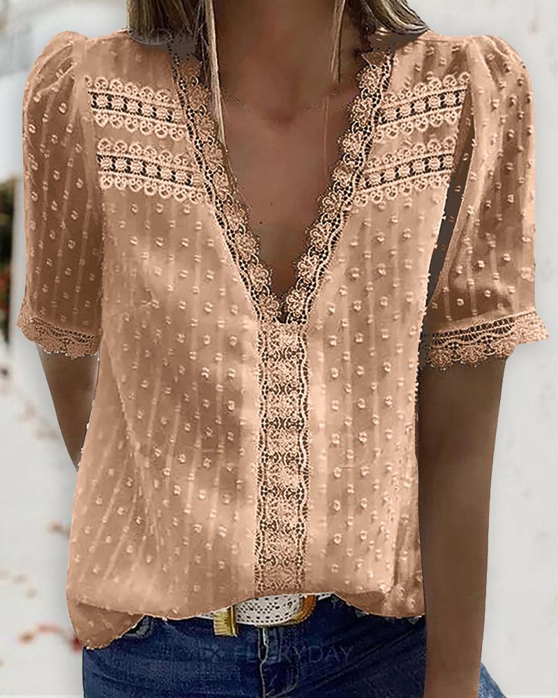 

Guipure Lace V Neck Short Sleeve Top, Apricot