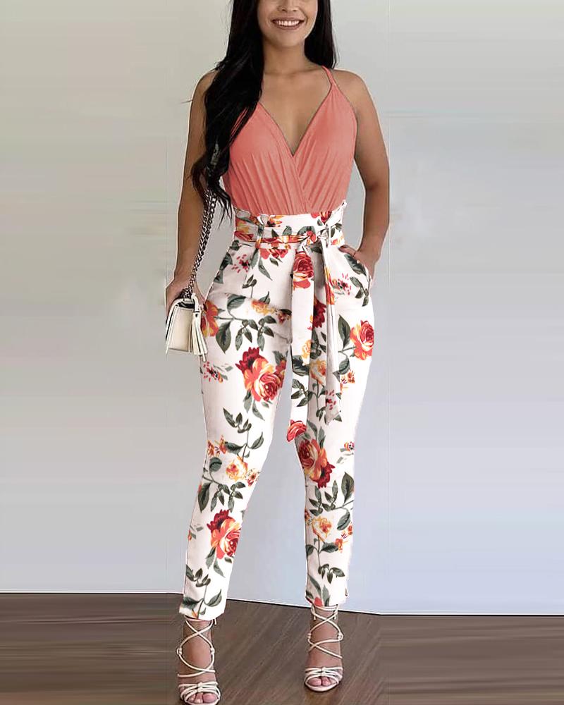

Plain Ruched Top & Floral Print Pants Colorblock Set, Pink
