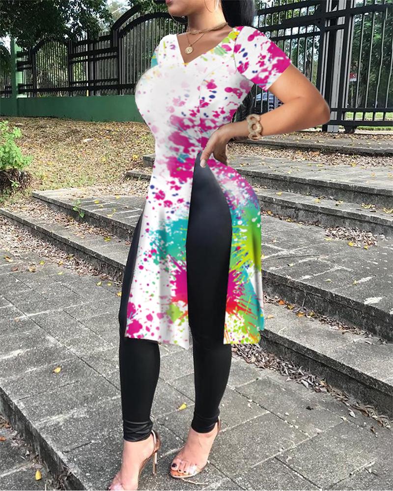

Ink Splash Print High Slit Short Sleeve T-shirt, White