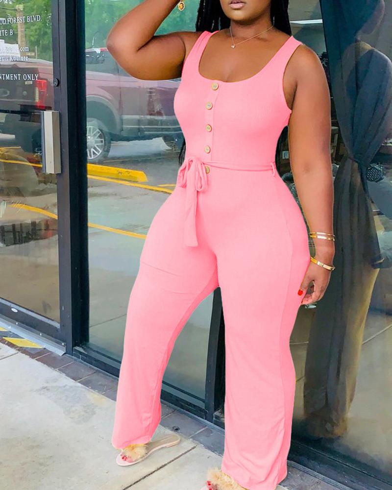 

Button Decor Sleeveless U-Neck Belted Jumpsuit, Pink