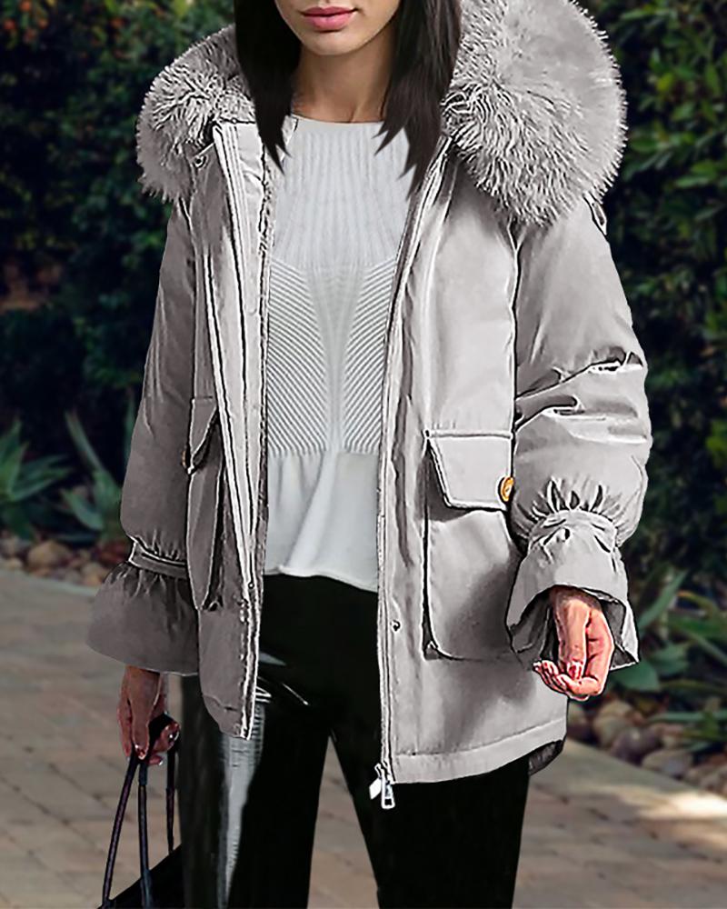 

Pocket Design Lined Faux Fur Hooded Parka Coat, Gray