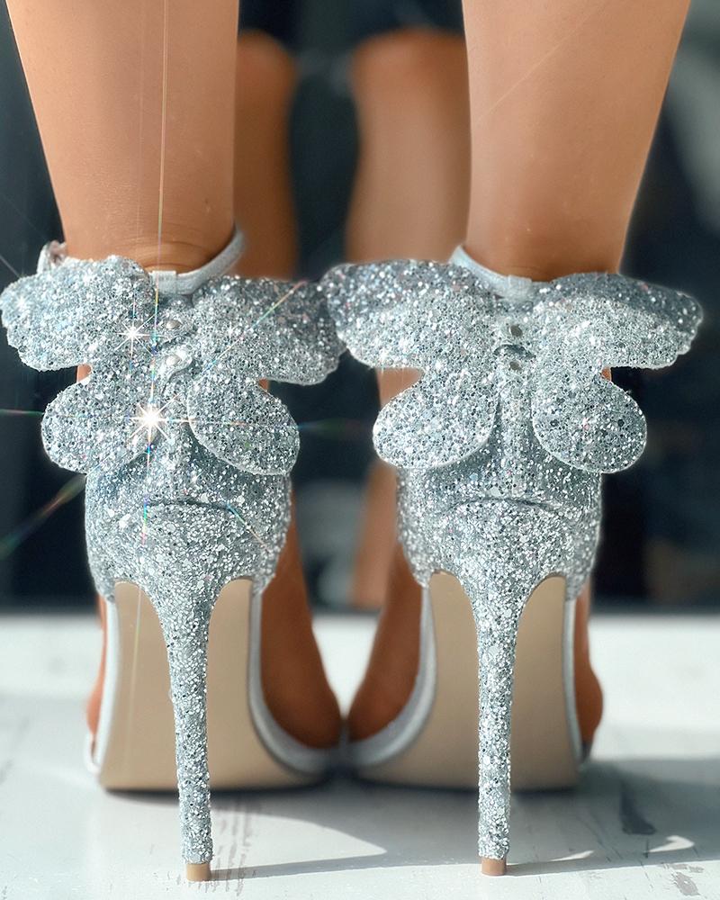 

Glitter Butterfly Pattern Stiletto Heels, Silver