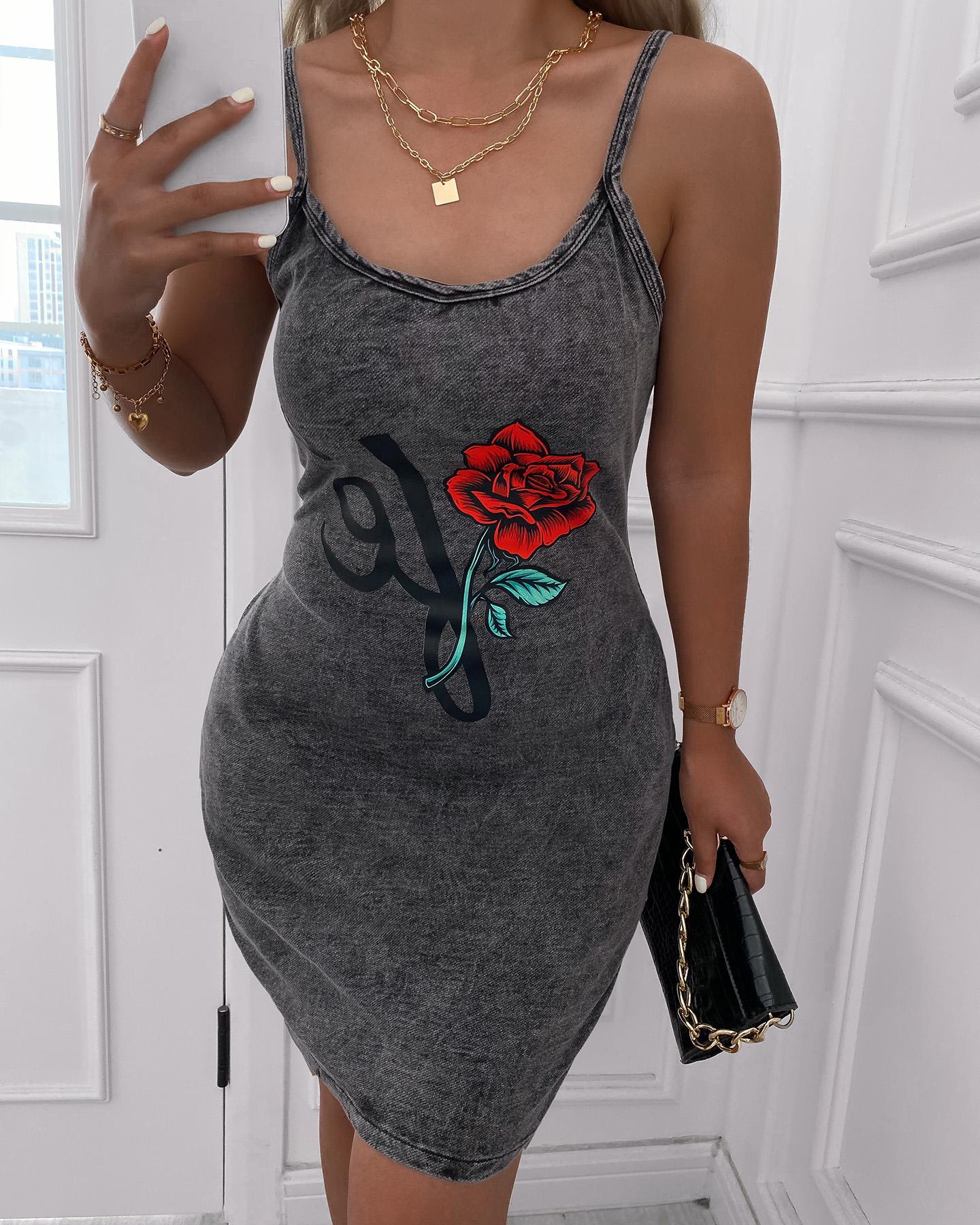 

Floral Letter Pattern Print Backless Denim Dress, Gray