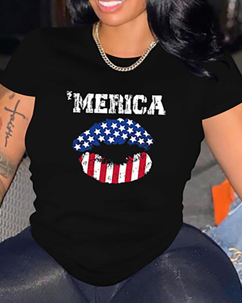 

Flag Pattern Lip Letter Print O-neck Top, Black