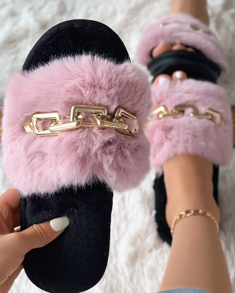 

Chain Decor One Strap Fuzzy Slippers, Pink