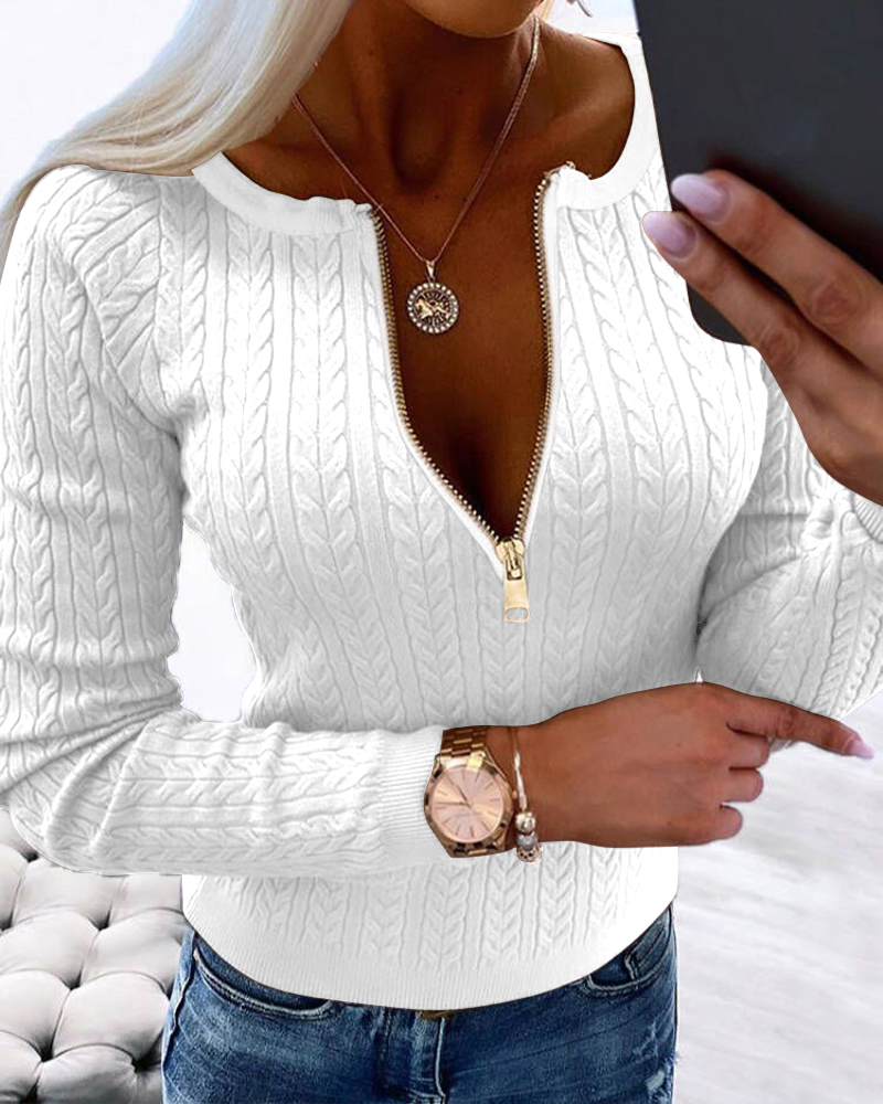 

Round Neck Zipper Design Cable Knit Sweater, White