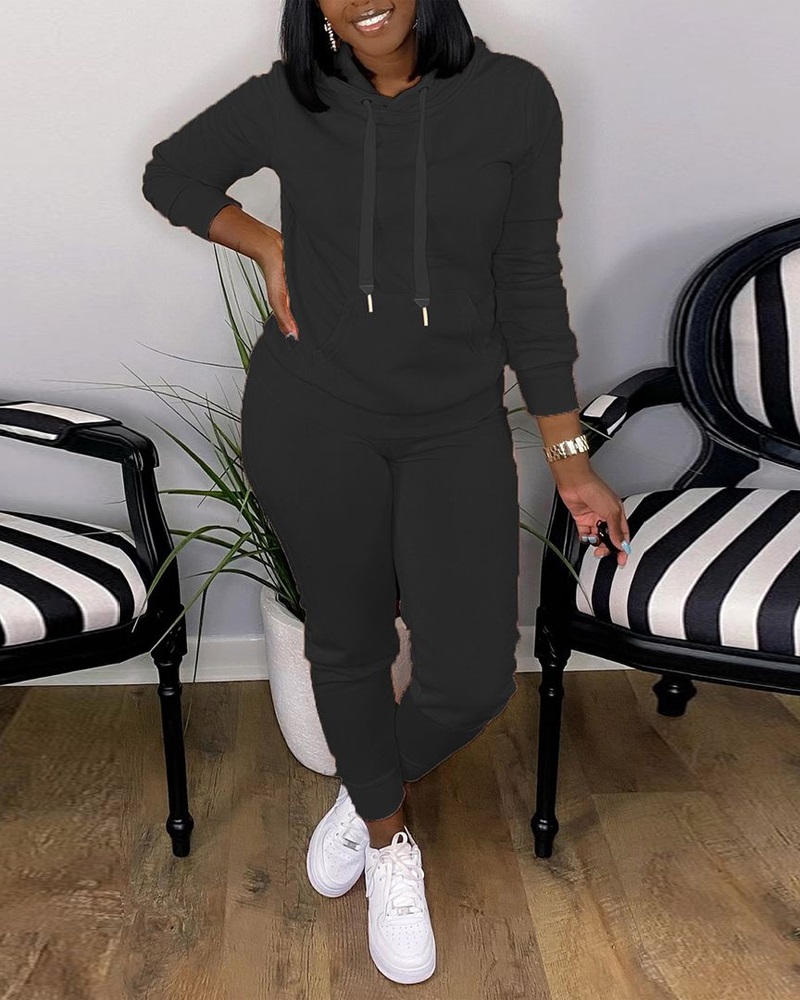 

Long Sleeve Drawstring Hoodie & Pants Set, Black
