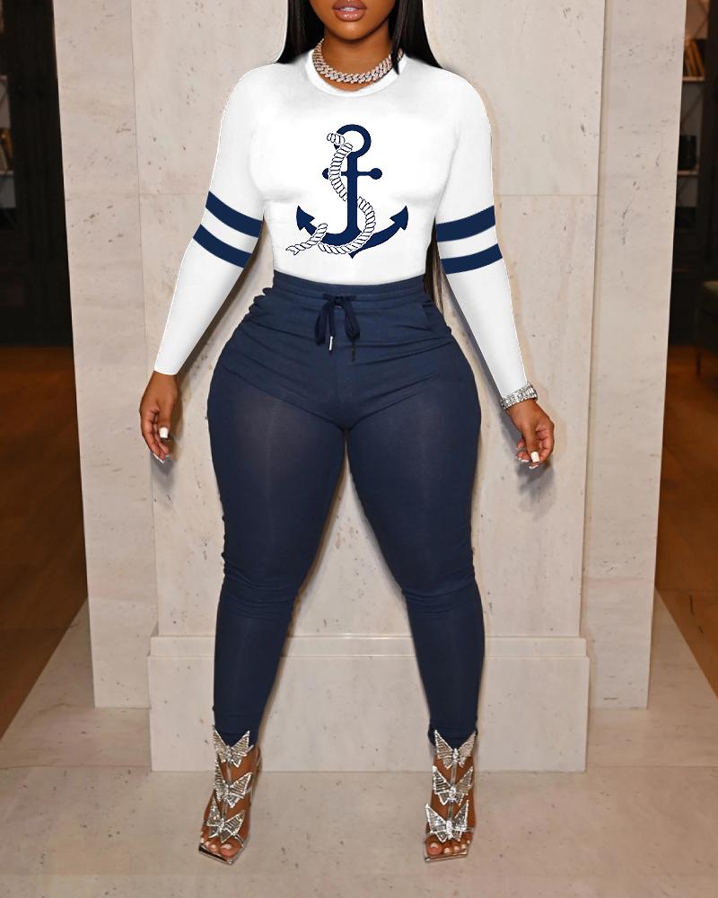 

Anchor Print Long Sleeve Top & Drawstring Pants Set, Blue