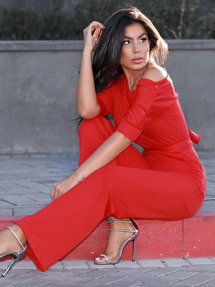

Short Sleeve Belt Straight Leg Jumpsuit Pants Romper Jumper, Wine red