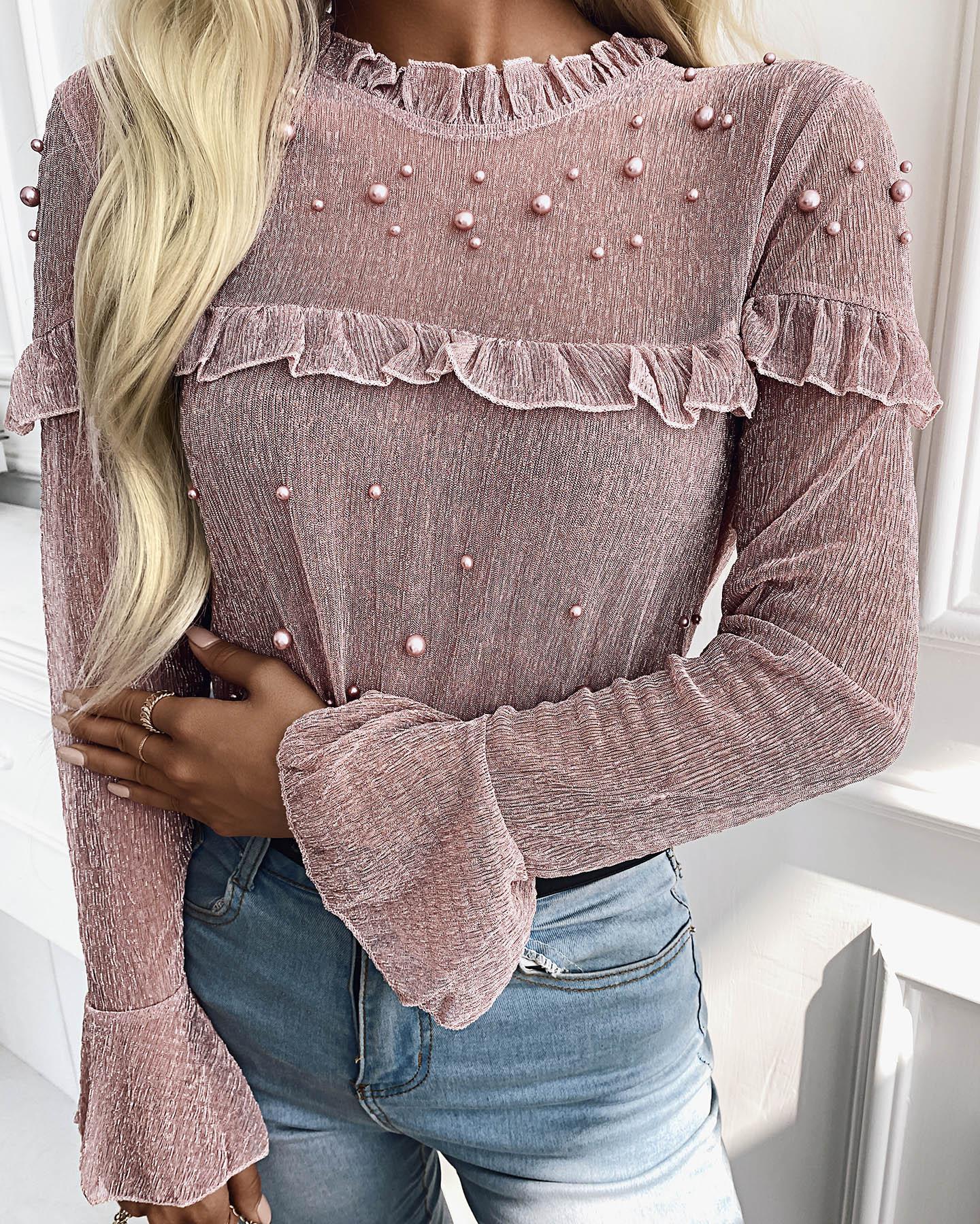 

Frill Hem Beaded Bell Sleeve Women Blouse, Pink
