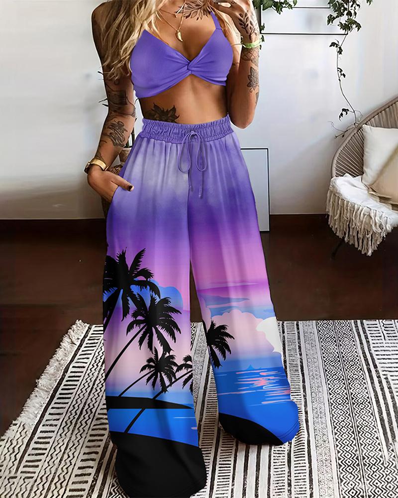 

Tropical Landscape Print Twisted Crop Top & Wide Leg Pants Set, Purple