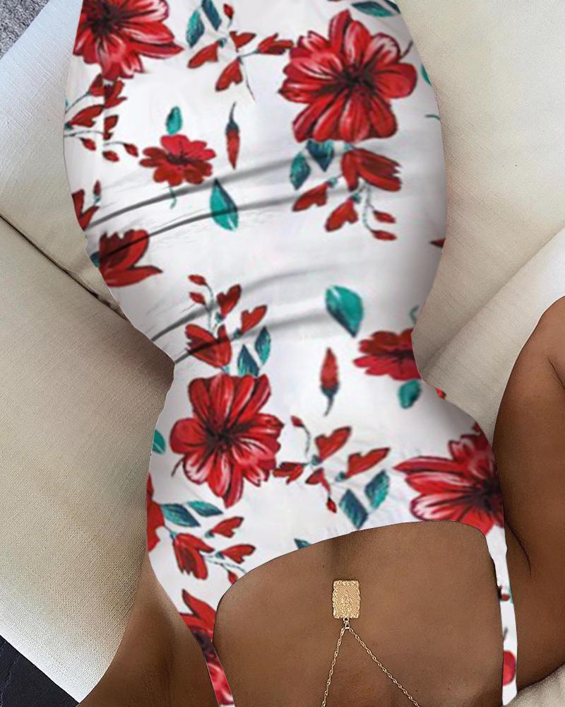 

Floral Print Spaghetti Strap Dress, Red