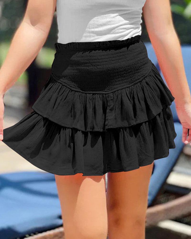 

Shirred High Waist Layered Ruffle Hem Mini Skirt, Black