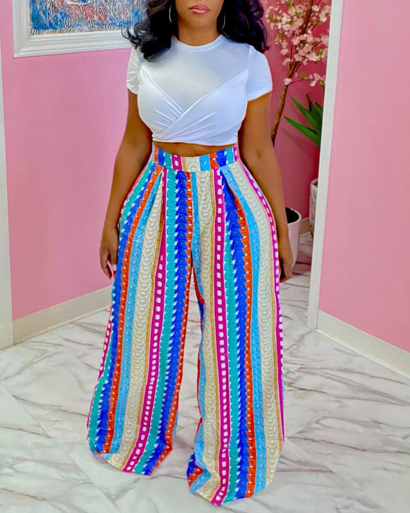 

Crisscross Crop Top & Allover Print Wide Leg Pants Set, Multicolor
