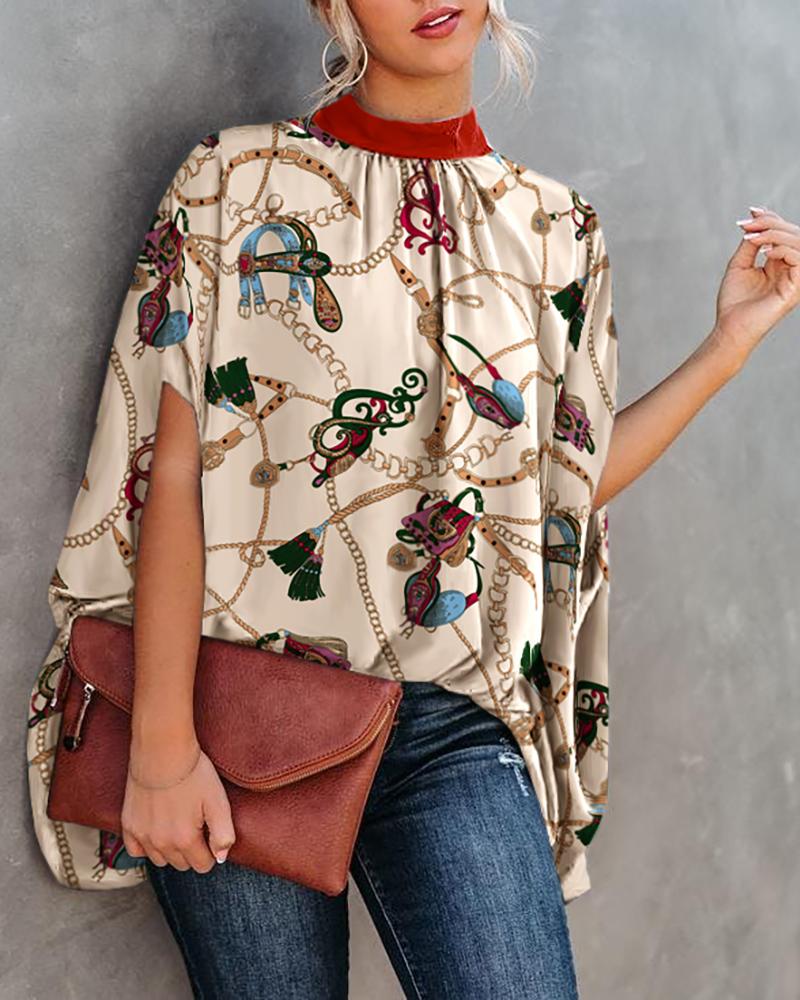 

Chain Scarf Print Cape Design Top, Beige