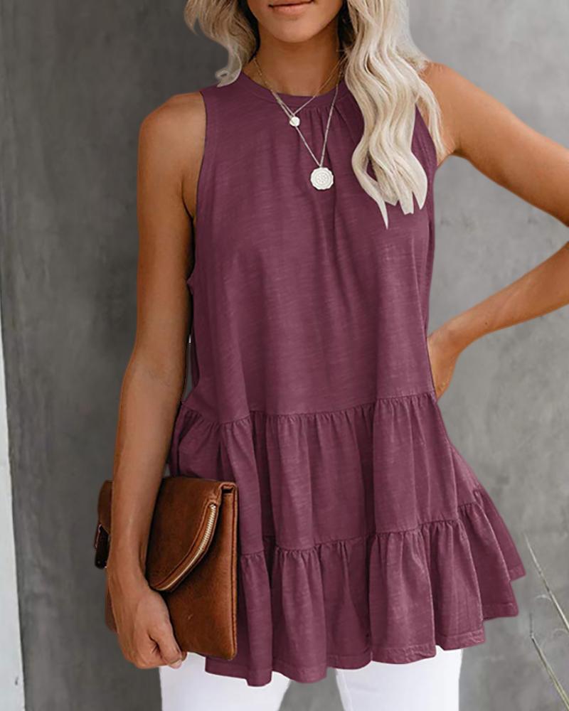 

Plain Sleeveless Ruffle Lace Up Top, Wine red