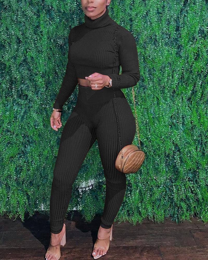 

Long Sleeve Turtleneck Crop Knit Top & Pants Set, Black
