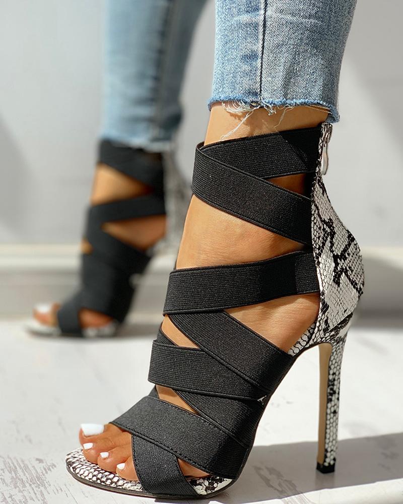 

Lace-Up Bandage Patchwork Snakeskin Thin Heeled Sandals, Black