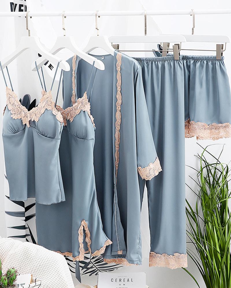 

Comfy Ice Slik Five-piece Cami Pajamas Sets, Blue